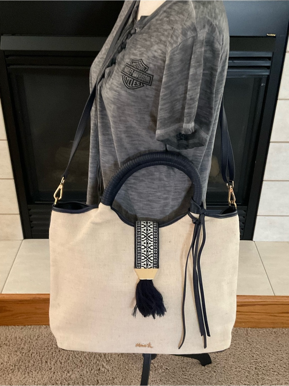 Avon Cream Canvas & Navy Blue Trim Embroidered w/Tassel, Satchel/Crossbody/Tote